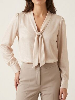 Garcia Champagne Shimmer V-Neck Front Tie Blouse Romantic Elegant Small NWT